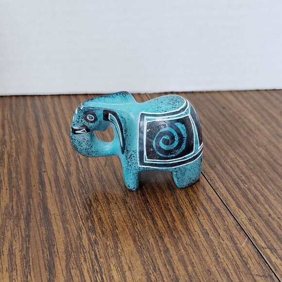 Hand Carved Blue Painted 3 Inch Elephent Figurine - Picture 3 of 4